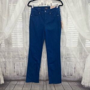 NYDJ Size 4 Blue Dark Wash Marilyn Straight Legs Jeans Inseam Slits Mid Rise